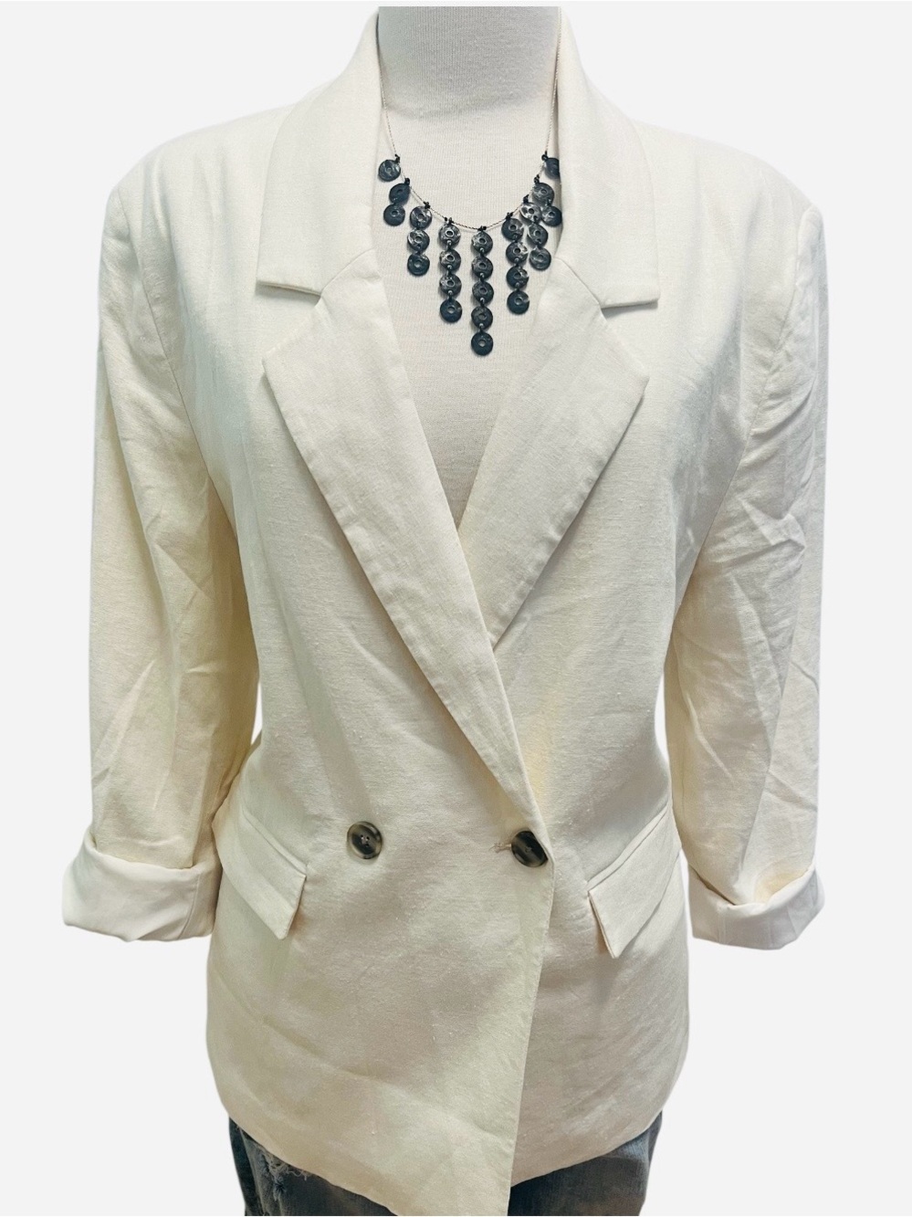 Cream Double-Breasted Linen Blazer